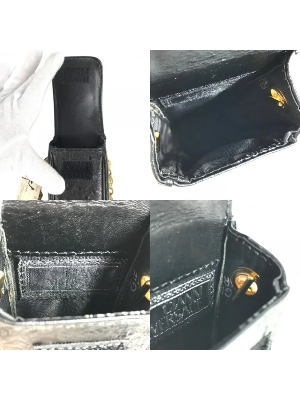 Versace Handbag Sunburst Logo Mobile Pouch Vintage Embossed Leather Black